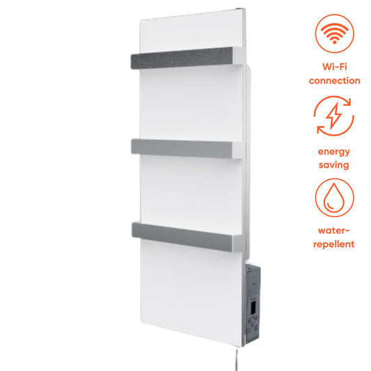 Towel dryer 370W: Ceramic infrared heated towel rail with white color and 3 hangers